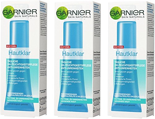 Crema hidratante facial de Garnier 24 h anti impurezas para pieles grasas, 3 botes de 40 ml.