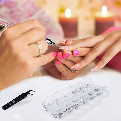 Cristales para Uñas en 6 Tamaños AB Diamantes De Imitación De Cristal Del Arte Del Clavo y Cristal Transparente Con Pinzas De Recogida, Pluma Punteadora De Diamantes De Imitación 1440 Piezas