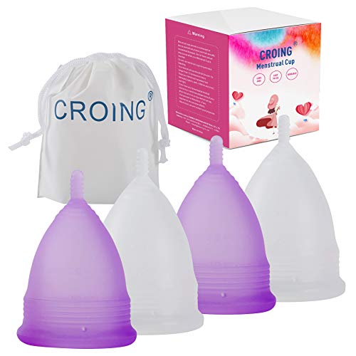 CROING 4 Copas Menstruales - 2 Piezas Pequeña  y 2 Piezas Grande - Menstrual Cup (Morado y Blanco)