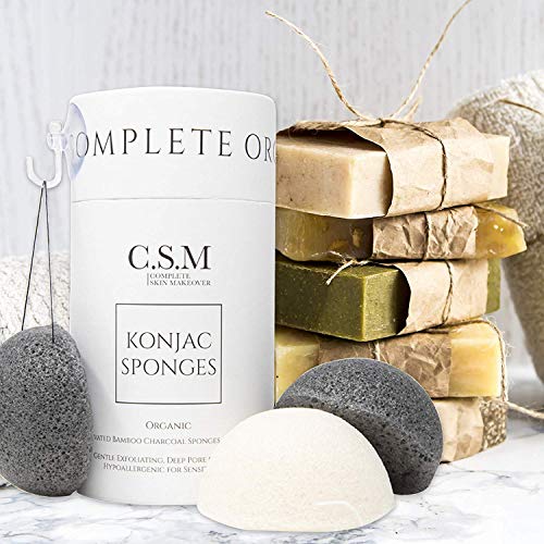 CSM Organic Konjac Sponges 3-Pack para una exfoliación suave - Esponjas faciales con carbón de bambú activado premium para limpiar los poros, eliminar impurezas, exfoliación - 2 carbón negro, 1 blanco