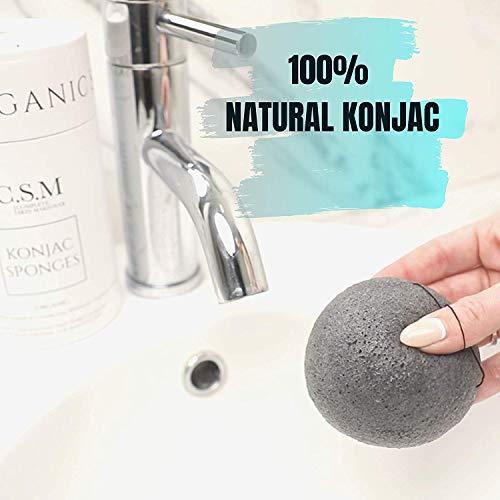 CSM Organic Konjac Sponges 3-Pack para una exfoliación suave - Esponjas faciales con carbón de bambú activado premium para limpiar los poros, eliminar impurezas, exfoliación - 2 carbón negro, 1 blanco