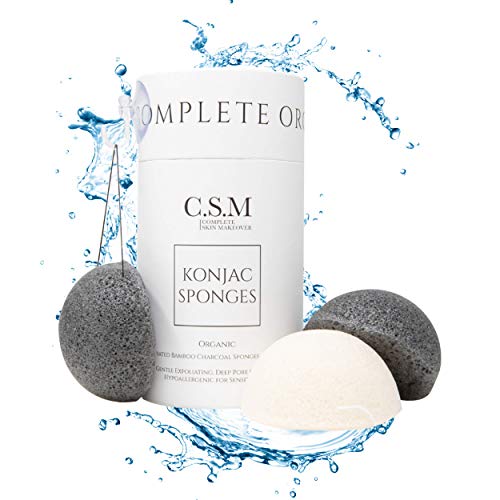 CSM Organic Konjac Sponges 3-Pack para una exfoliación suave - Esponjas faciales con carbón de bambú activado premium para limpiar los poros, eliminar impurezas, exfoliación - 2 carbón negro, 1 blanco