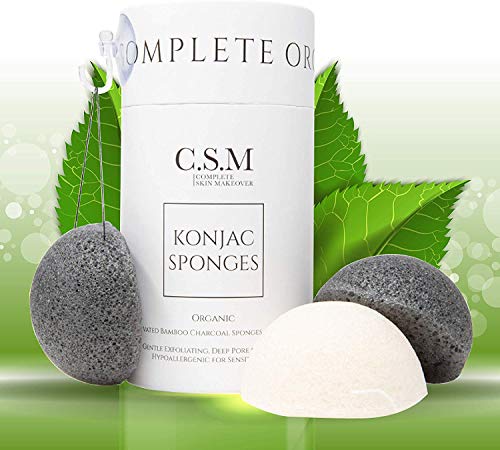 CSM Organic Konjac Sponges 3-Pack para una exfoliación suave - Esponjas faciales con carbón de bambú activado premium para limpiar los poros, eliminar impurezas, exfoliación - 2 carbón negro, 1 blanco