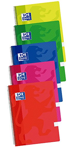 Cuadernos Folio(A4) Oxford. Pack 5 unidades. Tapa Plástico. 80 Hojas cuadrícula 4x4. Surtido colores vivos.