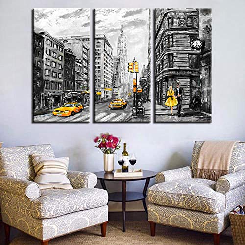 Cuadro En Lienzo 3 Paneles Panel Pinturas Decoración Taxi Amarillo De La Calle De La Ciudad De Nueva York Cuadro De Casa Modernos,Listo para Colgar Murales Pared,First Wall Art