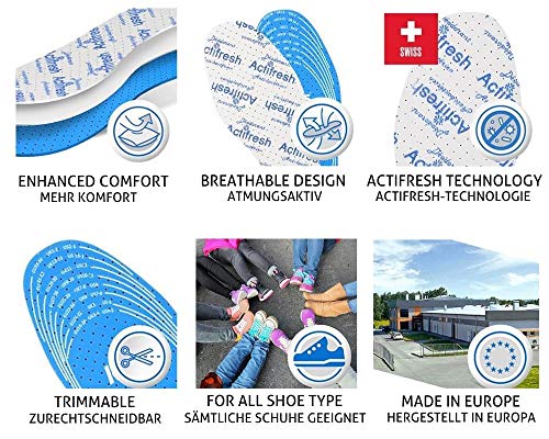 Cut To Size Plantillas de Calzado Para Niños Higiénico, Suaves Y Ajustables Tehchnology Antibacteriano Suizo Por Sanitized, Almohadillas Para Zapatos Actifresh Kids Todos Los Tamaños Hechos En Europa