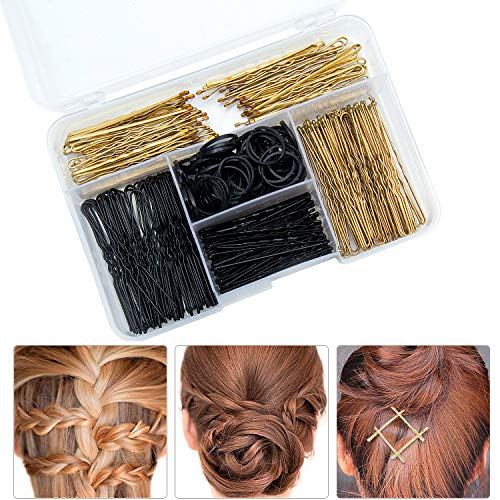Czemo Juego de Horquillas para el Pelo 200 Piezas de Clips de Pelo Pasador de Pelo en U y 120 Piezas de Bandas para el Pelo con Caja de Almacenaje (Dorado y negro)