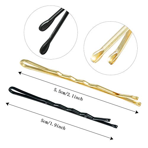 Czemo Juego de Horquillas para el Pelo 200 Piezas de Clips de Pelo Pasador de Pelo en U y 120 Piezas de Bandas para el Pelo con Caja de Almacenaje (Dorado y negro)