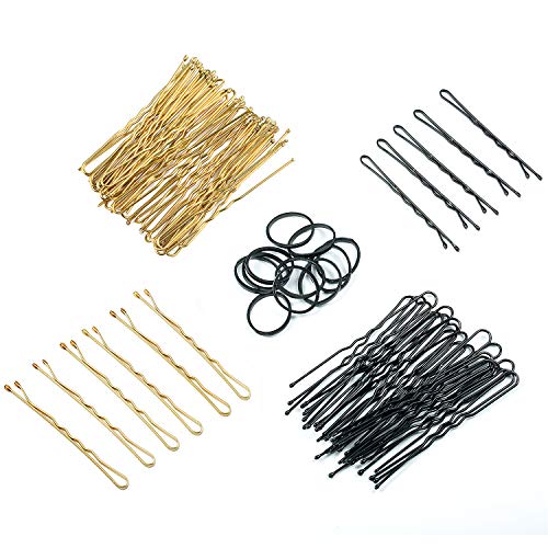 Czemo Juego de Horquillas para el Pelo 200 Piezas de Clips de Pelo Pasador de Pelo en U y 120 Piezas de Bandas para el Pelo con Caja de Almacenaje (Dorado y negro)
