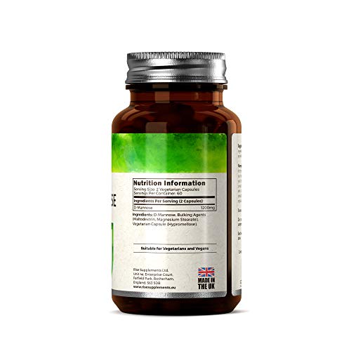 D-Manosa - 1200mg por porción de Rise Supplements | 120 cápsulas vegetarianas | Hecho en el Reino Unido en instalaciones con licencia ISO - Adecuado para vegetarianos y veganos (1 Botella)