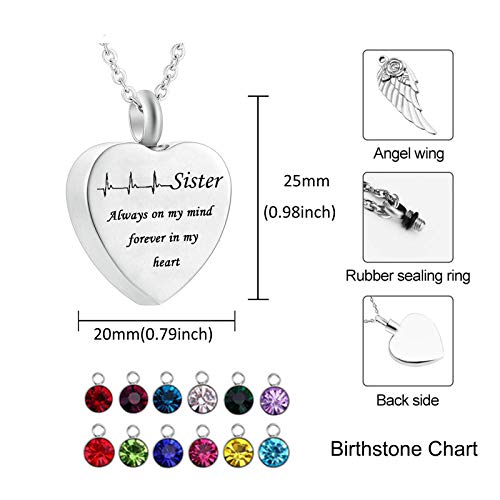 Daesar Colgante para Cenizas Corazón con ala de Ángel Piedra del Zodíaco y ECG Grabado Sister Always on My Mind Forever in My Heart Agosto Verde Claro