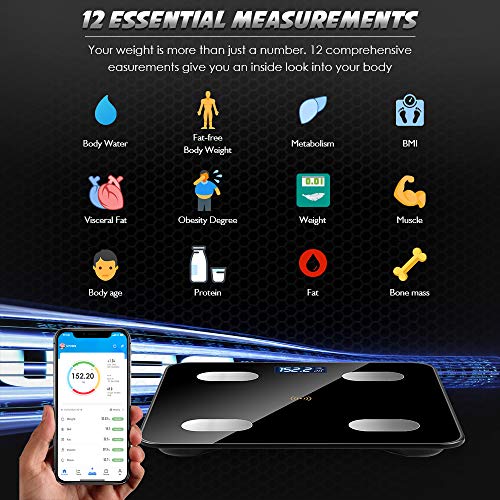 DAWINSIE Báscula Digital,Báscula de baño,Báscula con Bluetooth,Pantalla LCD,para iOS y Android, USB Carga, Máximo 180 kg, diseño de Esquina Redonda, Incluye Cinta métrica
