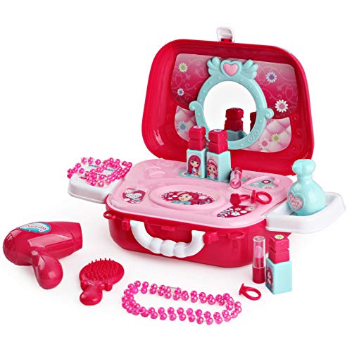 deAO Estuche de Maquillaje y Joyería de Juguete Playset en Maletín Bolso de Mano con Accesorios Incluidos (Cofre Maletín)