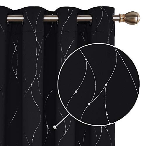Deconovo Cortinas Opacas Diseño Líneas Plateadas para habitación con Ojales 140 x 240 cm 2 Paneles Negro