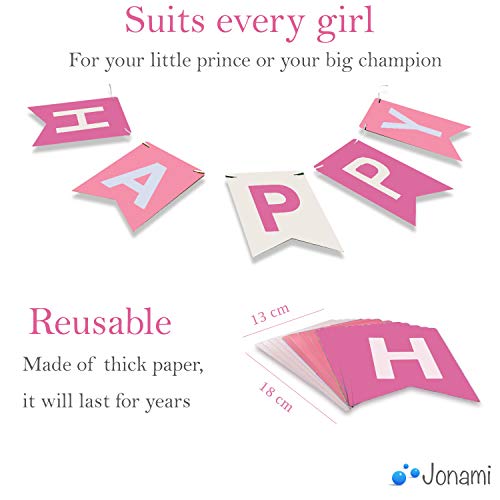 Decoraciones Cumpleaños Nina – 1 Bandera Banderines Feliz Cumpleaños “Happy Birthday” + 8 Pompon + 2 Guirnaldas Corazones de 3 Metros + 12 Globos Rosa Fucsia Blanco