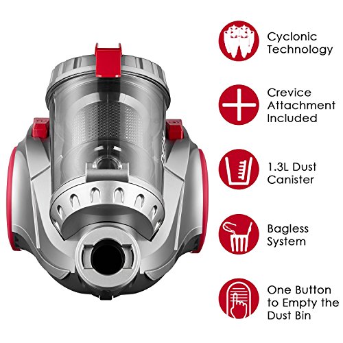Deik Aspiradora sin Bolsa, Aspiradoras de Trineo, 800W 18Kpa Ciclónico Aspirador Hogar con Nivel 4 de Filtrado, 1,3L, Rango de Trabajo 7,5m, Gris/Rojo