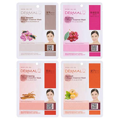 DERMAL 16 Combo Pack Collagen Essence Facial Mask Sheet - Variety Pack 16 Different Hydrating. Plant-based ingredients for maximum skin moisturizing, cleansing, brightening. Daily Skin Supplement