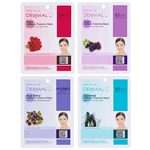DERMAL 16 Combo Pack Collagen Essence Facial Mask Sheet - Variety Pack 16 Different Hydrating. Plant-based ingredients for maximum skin moisturizing, cleansing, brightening. Daily Skin Supplement