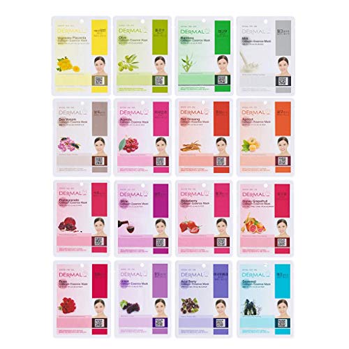 DERMAL 16 Combo Pack Collagen Essence Facial Mask Sheet - Variety Pack 16 Different Hydrating. Plant-based ingredients for maximum skin moisturizing, cleansing, brightening. Daily Skin Supplement