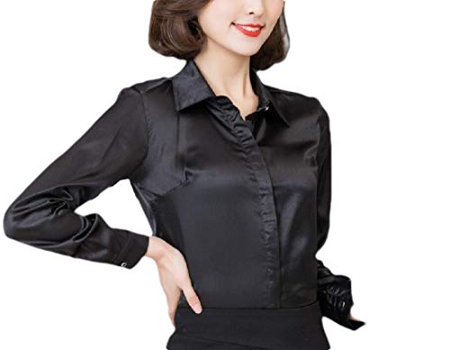 Desconocido Generic Women's Satin Silk Long-Sleeves Button-Down Shirt Formal Work Blouse Top Black XS