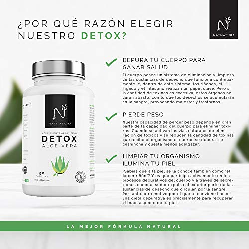 Detox Aloe Vera+Hinojo. Plan detox adelgazante natural para eliminar toxinas y limpieza de colon.Suplemento alimenticio vegetal a base de aloe vera puro. Vegano y sin gluten. 90 capsulas vegetales.