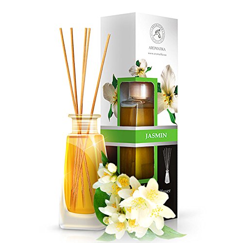 Difusor Aromas de Jazmíne 100ml - Aroma Fresco y Largo - con 8 palitos de bambú - 0% Alcohol - Puro Aceite Jasmine para Cuartos - Hogares - Oficinas - Restaurantes - Aromaterapia