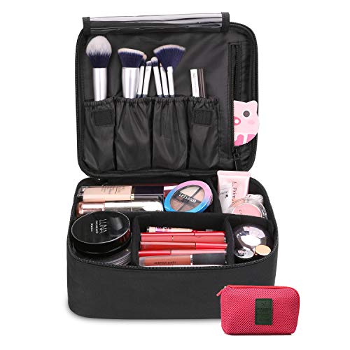 DIMJ Neceser Maquillaje Portátil, Bolsa de Maquillaje Ligera con Divisores Bolsillos Profesional Organizador de Maquillaje Bolso de Cosméticos de Viaje con Bolsa de Cable USB (Negro)
