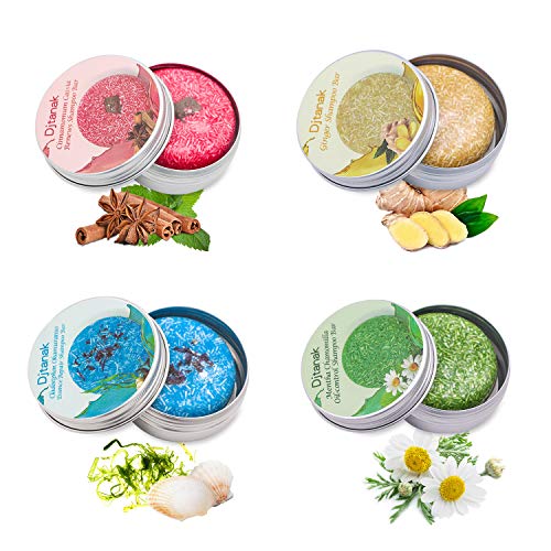 Djtanak Champú Sólido Organico 4 Pcs, Natural Herbal Champú para, Tratamiento de diferentes fragancias para la caida del pelo, anticaspa (Champú de jengibre, algas marinas, canela y menta)