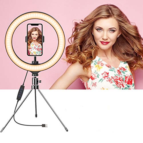 DMYCO Luz de Anillo LED 10" fotográfica de Escritorio, 3 Colores 10 Brillos Regulables, Trípode con Soporte Giratorio de teléfono para Selfie, Maquillaje, Youtube, TIK Tok