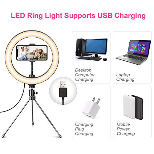 DMYCO Luz de Anillo LED 10" fotográfica de Escritorio, 3 Colores 10 Brillos Regulables, Trípode con Soporte Giratorio de teléfono para Selfie, Maquillaje, Youtube, TIK Tok
