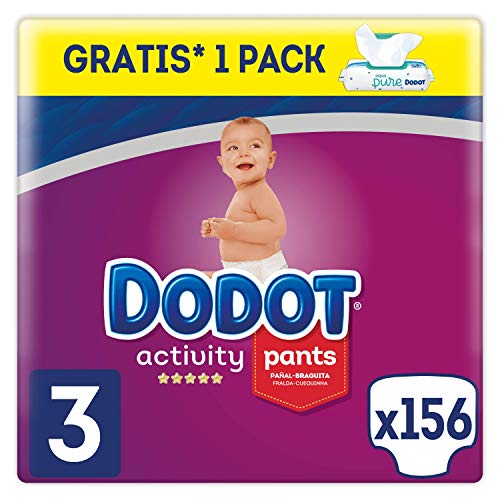 Dodot Activity Pants Pañal-Braguita Talla 3, 156 Pañales, 6-11kg + Dodot Aqua Pure Toallitas para bebé, 1 Pack de 48 Toallitas Gratis