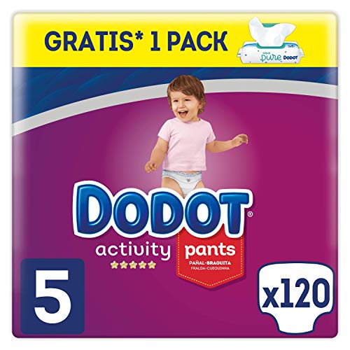 Dodot Activity Pants Pañal-Braguita Talla 5, 120 Pañales, 12-17kg + Dodot Aqua Pure Toallitas para bebé, 1 Pack de 48 Toallitas Gratis
