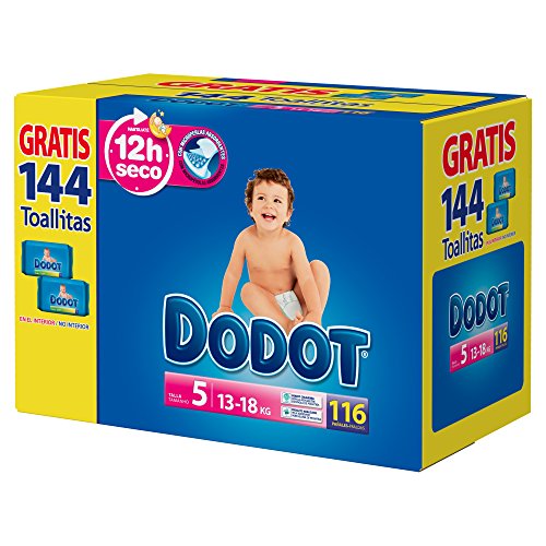 Dodot - Pañales para bebé, 112 pañales 11-16 kg tamaño 5 + 2 paquetes de toallitas gratis