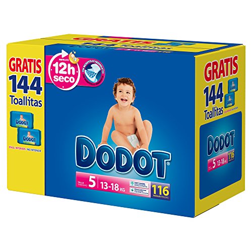 Dodot - Pañales para bebé, 112 pañales 11-16 kg tamaño 5 + 2 paquetes de toallitas gratis
