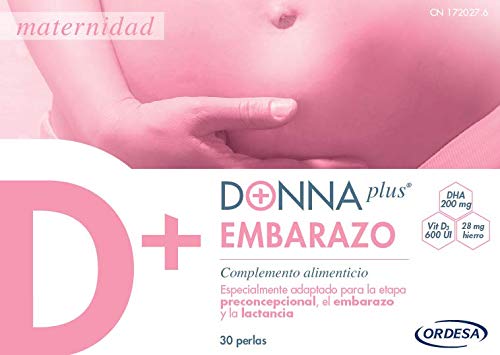 DonnaPlus Embarazo 30 perlas, Complemento alimenticio para el embarazo con DHA, hierro aminoquelado, yodo, vitaminas y minerales, alto contenido de ácido fólico y sal de glucosamina. 1 perla al día