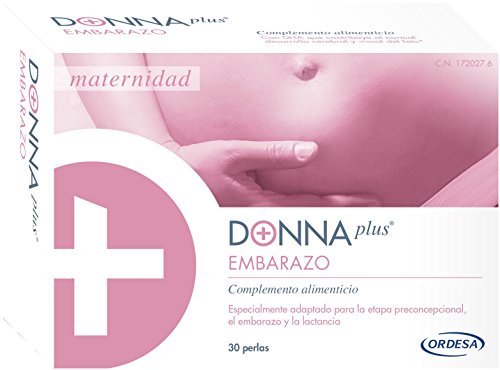 DonnaPlus Embarazo 30 perlas, Complemento alimenticio para el embarazo con DHA, hierro aminoquelado, yodo, vitaminas y minerales, alto contenido de ácido fólico y sal de glucosamina. 1 perla al día.