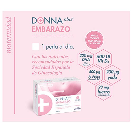 DonnaPlus Embarazo 30 perlas, Complemento alimenticio para el embarazo con DHA, hierro aminoquelado, yodo, vitaminas y minerales, alto contenido de ácido fólico y sal de glucosamina. 1 perla al día.