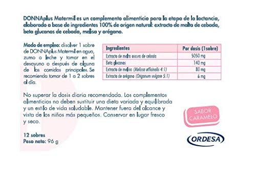 DonnaPlus Matermil 12 sobres, complemente alimenticio para la madre lactante compuesto por cebada, melisa y orégano. 1 o 2 sobres al día.