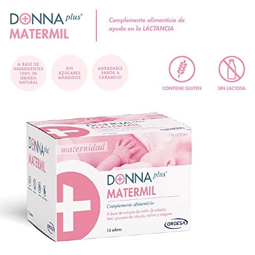 DonnaPlus Matermil 12 sobres, complemente alimenticio para la madre lactante compuesto por cebada, melisa y orégano. 1 o 2 sobres al día.