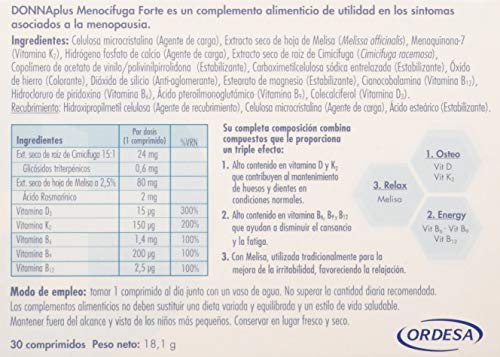 DonnaPlus Menocífuga Forte, 30 comprimidos, complemente alimentcio para la mujer en la menopausia. Cimicifuga racemosa, melisa y vitaminas K2, D3, B6, B9 y B12. 1 comprimido al día.