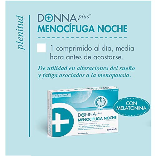 DonnaPlus Menocífuga Noche 30 comprimidos, complemento alimenticio para la mujer en la menopausia. Cimicífuga racemosa, Melatonina, GABA y Vitaminas K2, D3, B6, B9 y B12. 1 Cápsula por la noche.