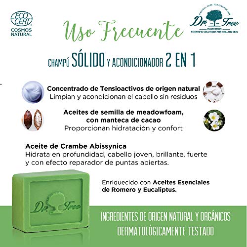 Dr. Tree Uso Frecuente 2 en 1 - Champú Sólido + Acondicionador Ecológico, Hidrata y Rejuvenece, Todo tipo de Cabellos, Champú sin SLS, 1 Pastilla = 900ml, 99% Ingredientes Naturales ECOCERT