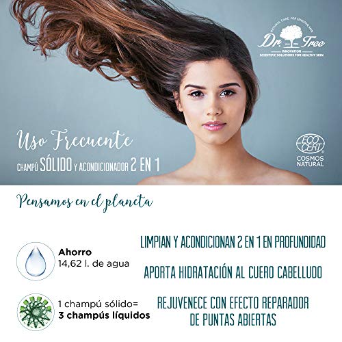 Dr. Tree Uso Frecuente 2 en 1 - Champú Sólido + Acondicionador Ecológico, Hidrata y Rejuvenece, Todo tipo de Cabellos, Champú sin SLS, 1 Pastilla = 900ml, 99% Ingredientes Naturales ECOCERT