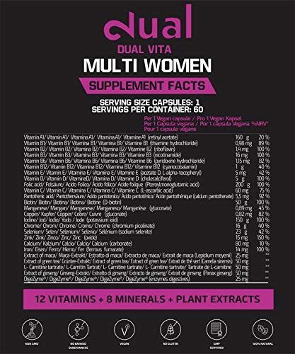 DUAL VITA Multi Women | Combinación de Vitaminas, Minerales y Plantas| Mujeres Activas | 60 Cápsulas Veganas | Suplemento Dietético 100% Natural | Certificado | Sin Aditivos | Fabricado en la UE