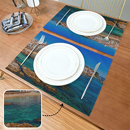 DUKAI Mantel Individual Sea Landscape Calella De Palafrugell Catalonia, Mantel Antideslizante Resistente al Calor, Apto para Mesa de Comedor, hogar, Cocina, Oficina y Exterior, Juego de 6