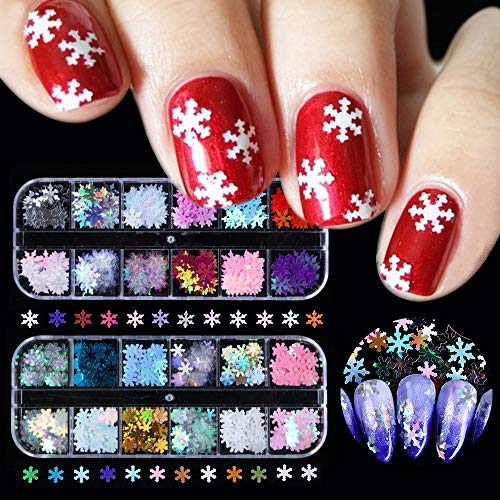 Dzmuero Decoración de lentejuelas de uñas, 24 piezas de lentejuelas de uñas, lentejuelas de decoración de uñas de copo de nieve, utilizadas para Navidad, decoración de lentejuelas de fiesta