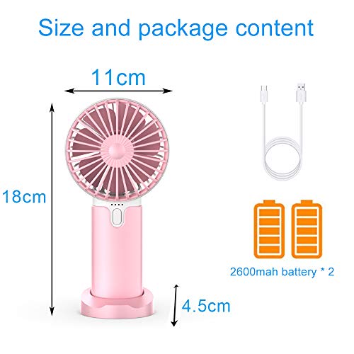 EasyULT Mini Ventilador de Mano USB, con 5200mAh Batería, Recargable USB Ventilador Portátil, 3 Velocidades Ajustable y Base Escritorio para al Hogar, Oficina, Viajes, Picnic-Rosa