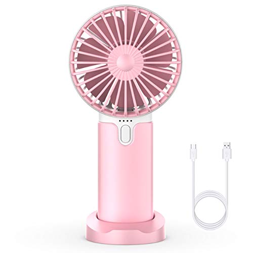 EasyULT Mini Ventilador de Mano USB, con 5200mAh Batería, Recargable USB Ventilador Portátil, 3 Velocidades Ajustable y Base Escritorio para al Hogar, Oficina, Viajes, Picnic-Rosa