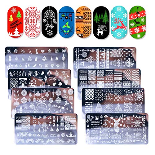 Ebanku 8Pcs Placas Uñas Estampados Navidad Nail Art Stamping Plate Christmas, Plantillas uñas Dibujos Decoracion Arte De Uñas Diy Del Clavo Del Sello Placas Estampado Manicura