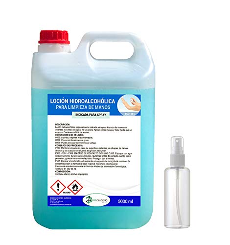 Ecosoluciones Químicas ECO- 901 | 5 litros | Loción Hidroalcohólica para manos | 70% alcohol garantizado | Somos fabricantes, Calidad asegurada | INCLUYE PULVERIZADOR